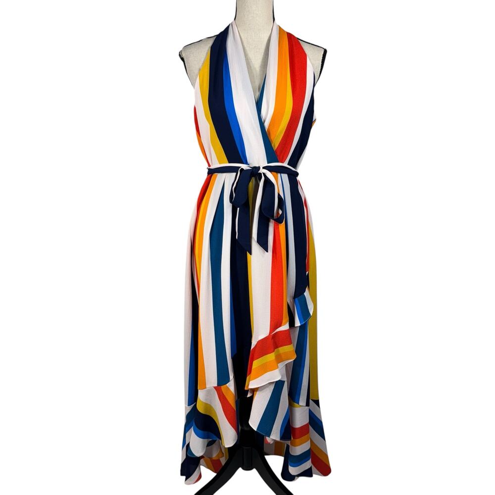 Julia Jordan SZ 8 Hi-Low Maxi Dress Striped Ruffled Surplice V-Neck Belted New